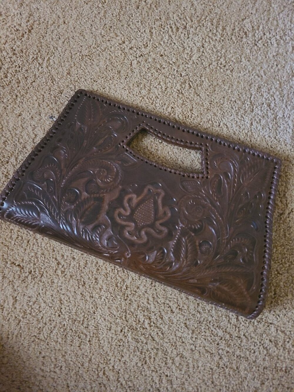 Alejandro Yeo Hand Tooled Leather Cutout Handle Clutch Bag - Dark Brown